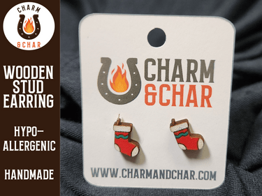 Christmas Stocking Wood Stud Earrings - Christmas Fashion Earring - Stud Earring - Charm and Char